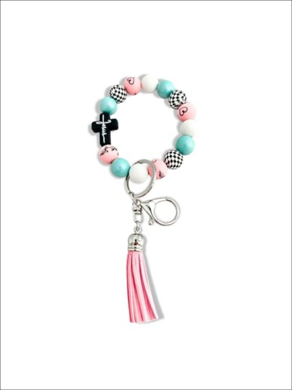 Silicone Beaded Wristlet Keychain Bracelet Cross Key Ring Christian Gift for